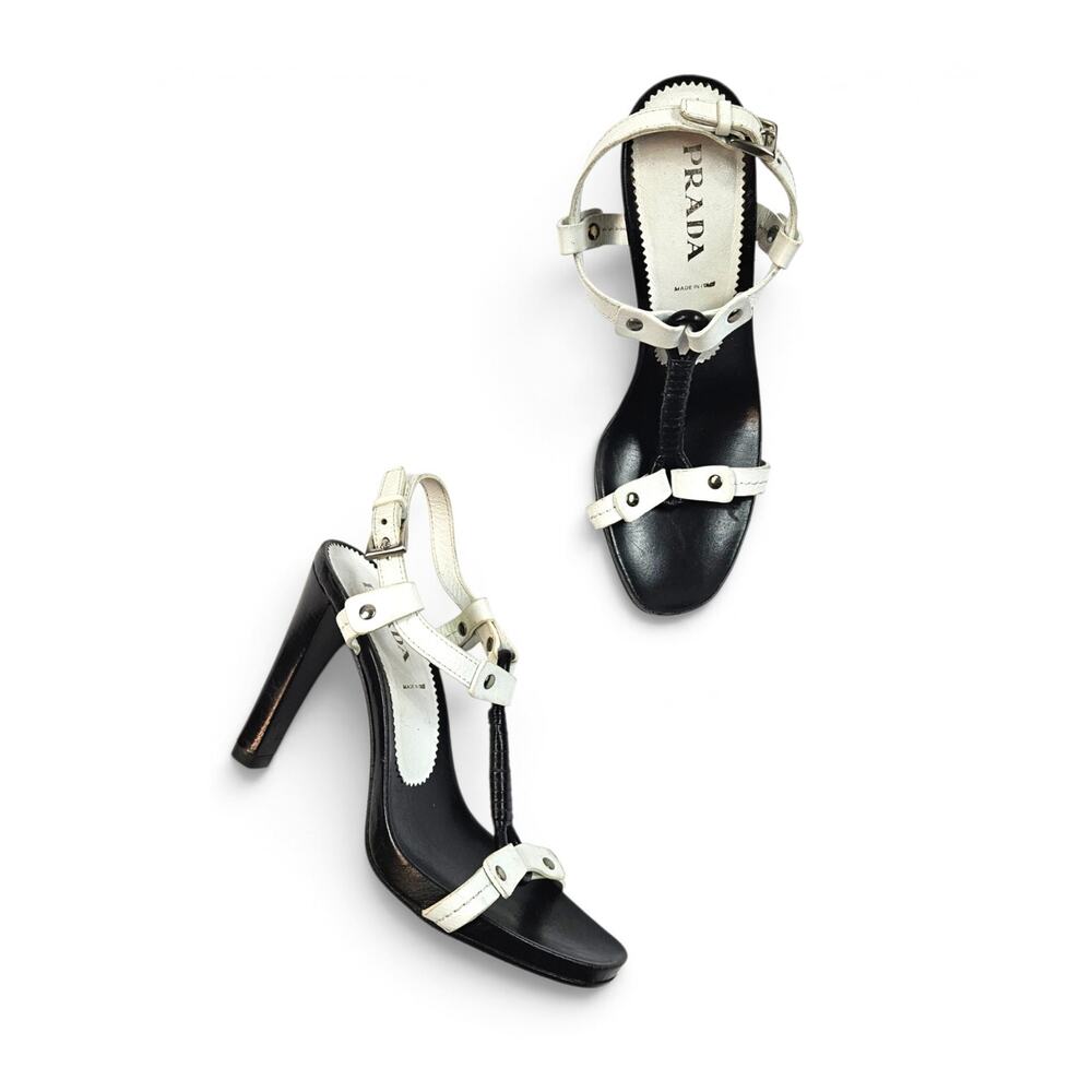 Vintage Prada Heels Black & White Leather T-Strap Sandals - Size 37 IT (US 7)